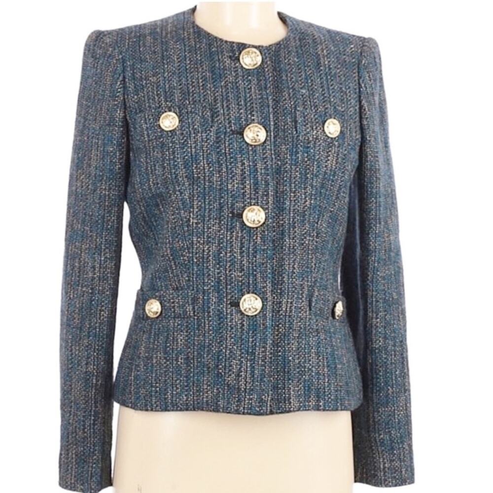 Kasper Black Blue Tweed Wool Blend Round Neck Blazer Jacket Size 10